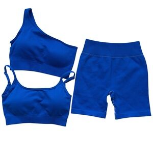 New Gymwear Workout Yoga Blue 3 Piece; 2 Sports Bras & High Waist Shorts Small